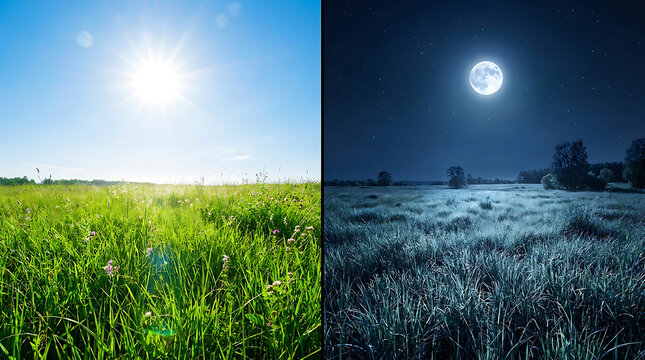 Comparison of a green meadow landscape during sunny day and bright night with full moon and stars