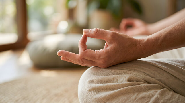 Close-up of Hand in Gyan Mudra Pose for Meditation and Yoga Practice. Generative AI image