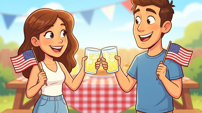 Cute patriotic cartoon couple celebrating together with lemonade and tiny flags