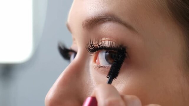 Closeup of woman applying mascara, enhancing eyelashes in smooth motion sequence