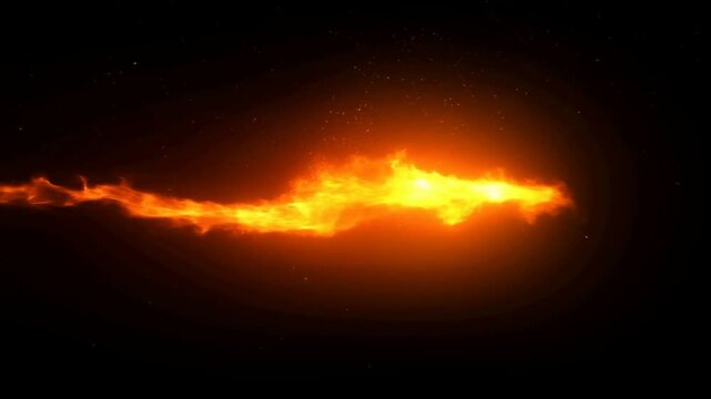 Tracking shot of fiery plasma trail streaming horizontally across dark space background with glowing embers and particle sparks