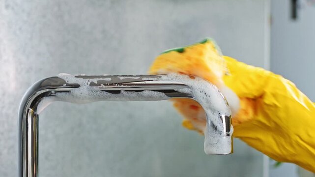 Woman in yellow gloves cleaning kitchen faucet with sponge and foam close-up. Home cleaning, professional kitchen cleaning, surface care, maintaining cleanliness and hygiene.