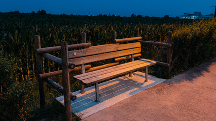 Peaceful evening scene with a park bench and rural farmland in the blue hour © Baljeet