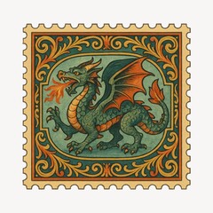 Obraz premium Vintage dragon postage stamp illustration.
