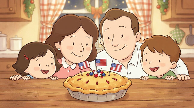 Cute patriotic family celebrating together with pie and miniature flags in a cozy close up