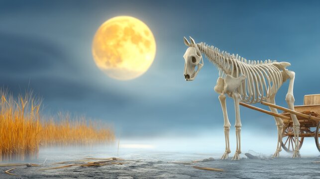 Skeletal horse pulling wooden cart under full moon on misty landscape