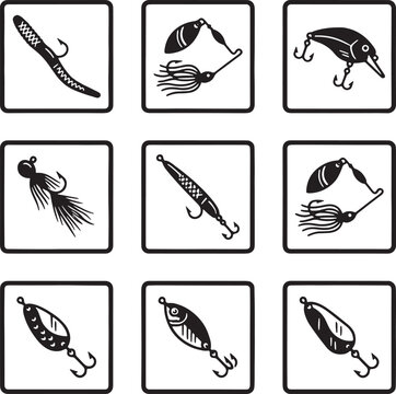 Fishing Lure and Bait Silhouette Icon Set &ndash; Angling Tackle Vector Collection

