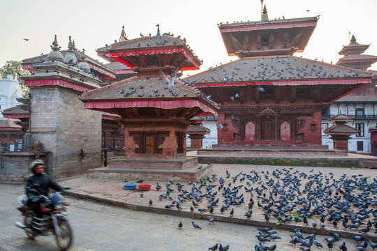 Durbar Square &agrave; Katmandou, N&eacute;pal, avec ses temples traditionnels newars entour&eacute;s de pigeons au lever du jour.

