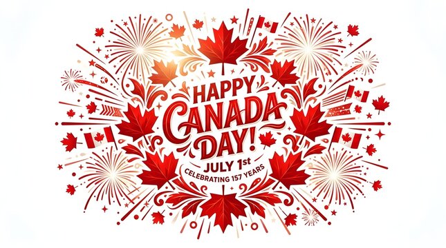 Happy Canada Day celebration with red maple leaf fireworks and festive greeting card design