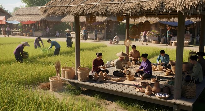 People working under a thatched roof structure in a rural agricultural setting