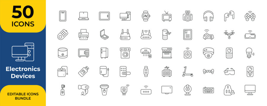 Electronics Devices Line Icons Bundle, Editable Outline Modern Electronics and Smart Devices Vector Icons Set
