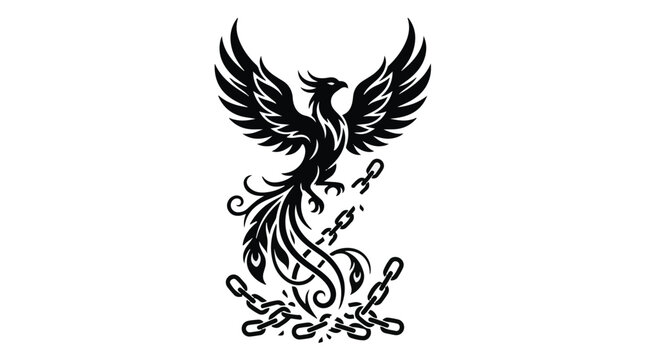 Mythical phoenix breaking free from chains, symbolizing rebirth and freedom