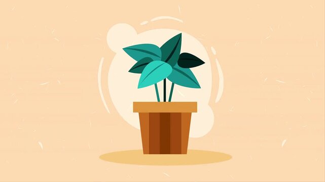 Houseplant growing animation inside a brown clay pot against a warm textured background context.