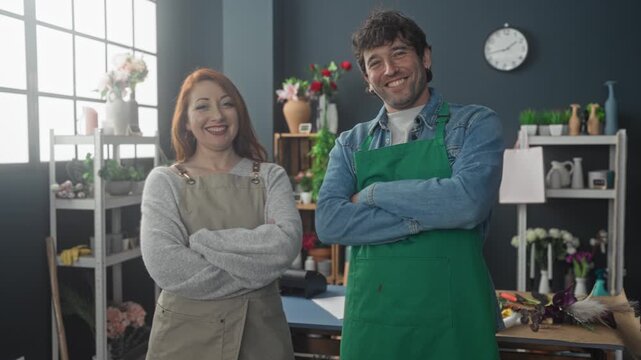 Man and woman florists in aprons with arms crossed beside bouquets and tools on a workbench in a bright studio; friendly teamwork.