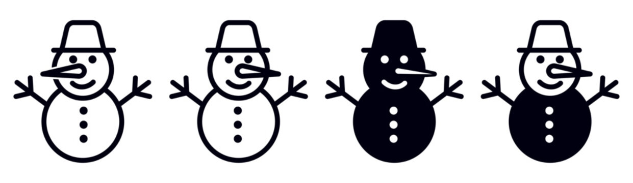Snowman icon set featuring outline and glyph styles. Winter, snowman, christmas, holiday, character, festive, mascot, seasonal symbols for web, app and print use.
