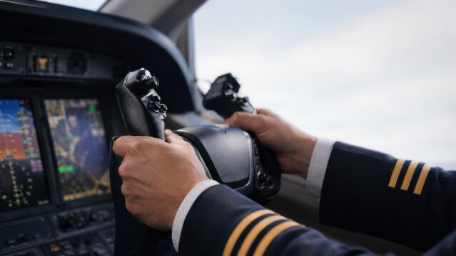 Pilot in uniform gripping flight simulator controls inside cockpit. Focused on flying and navigation. Aviation training and simulation.