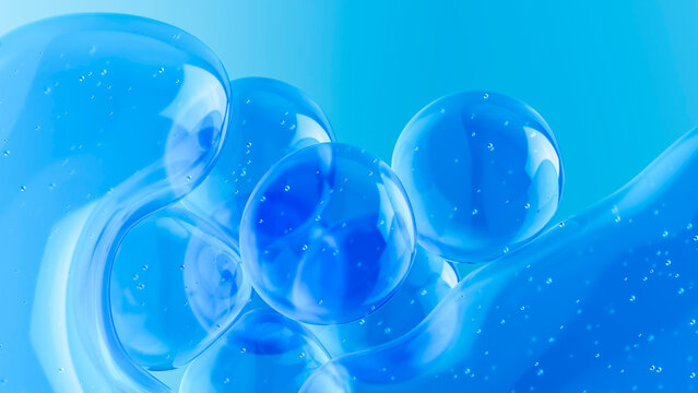 3D fluid bubble macro with blue glass and water droplets
