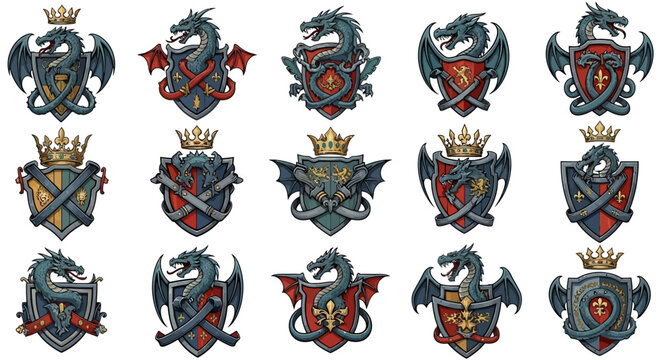 Dragon Crests Collection: Heraldic Emblems with Mythical Creatures and Royal Crowns