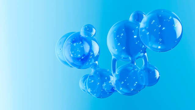 3D floating bubble cluster with blue liquid glass forms