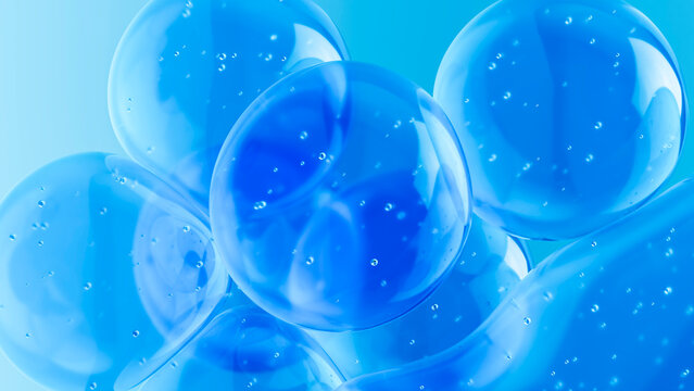 3D blue liquid bubbles with glass spheres and water texture