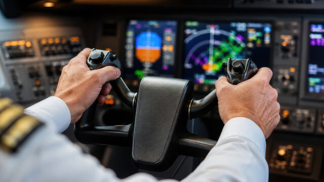 Pilot's hands gripping the control yoke in a modern aircraft cockpit. Aviation and flight control concept.
