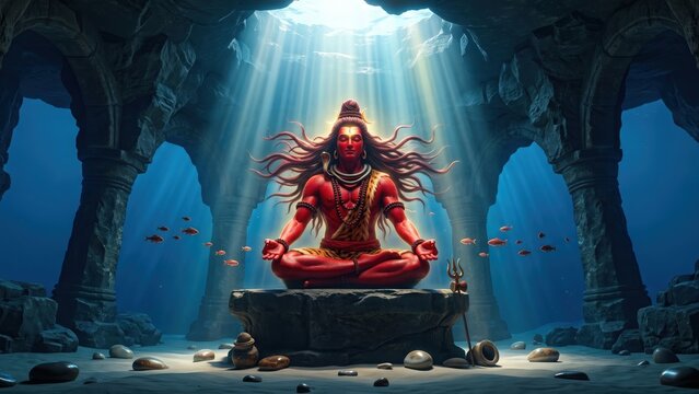 Red Lord Shiva Meditation Beneath Ocean Cave Spiritual Background