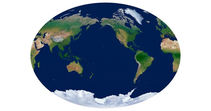 World Map. Fahey pseudocylindrical projection animation. High detail physical map. Longitude rotation of the Earth.