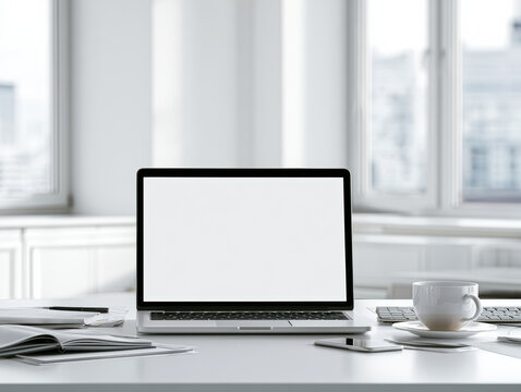 Minimalist workspace with an open laptop, coffee cup, and scattered documents on a white desk by large windows with natural light.