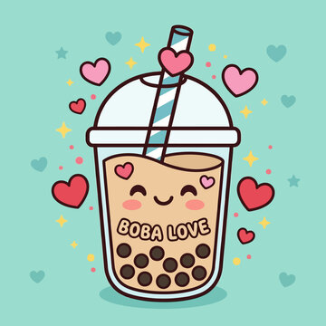 Cartoon boba tea with hearts.