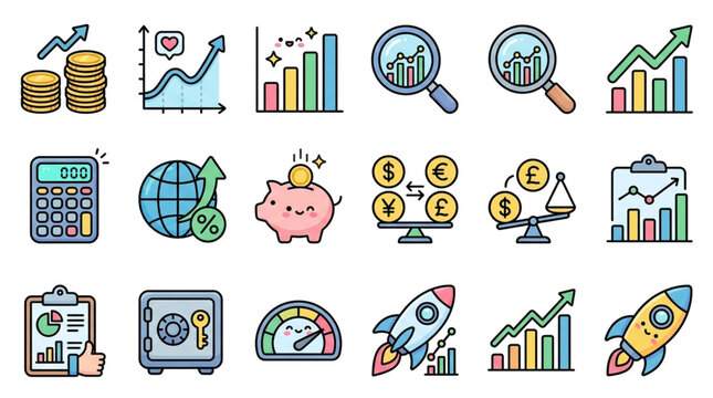Financial growth and investment icons set.