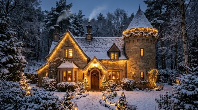 Enchanting stone cottage adorned with Christmas lights in a snowy forest setting