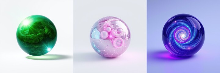 Fototapeta premium Three glowing spheres presented. Each exhibits distinct color, texture, internal patterns. Minimalist studio lighting enhances visual impact.
