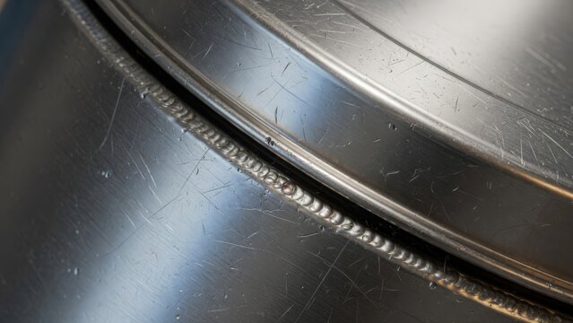 Industrial welding seam detail on shiny scratched stainless steel surface.