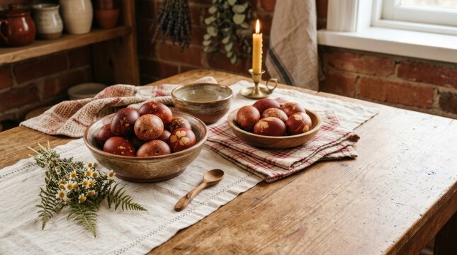 Rustic table setting with decorated eggs and candlelight