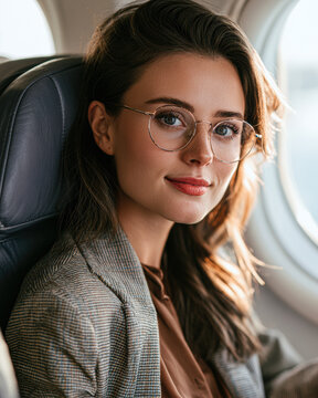 Young woman with glasses sitting by an airplane window, smiling softly and looking at the camera during a flight.
