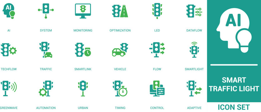 Smart traffic light icon set. AI urban transport monitoring, road optimization vehicle control & automation flow symbols
