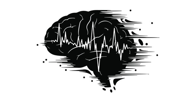 Silhouette of a brain with a dynamic heartbeat line representing thought and energy