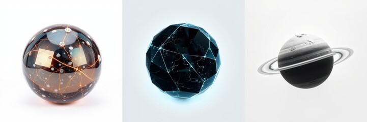 Fototapeta premium Three spherical objects presented. Left shows stars, center geometric lines, right planet with rings. Minimalist style, white background.