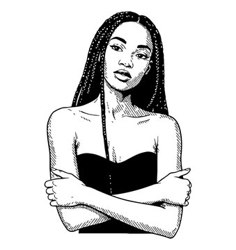 Confident Black woman with box braids posing arms crossed in a strapless top black and white illustration