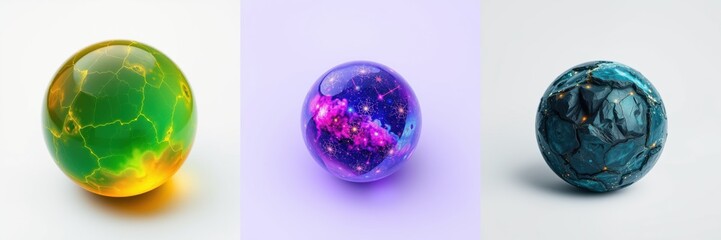 Fototapeta premium Three spherical objects display cracked surfaces. Colors varygreen, purple, bluewith internal light effects. Minimalist presentation, white background.