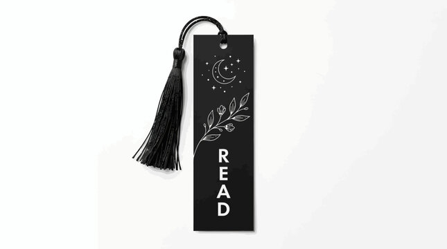 Black bookmark with tassel and floral design featuring the word 'READ' on a white background with a close-up shot and subtle minimalist mood.