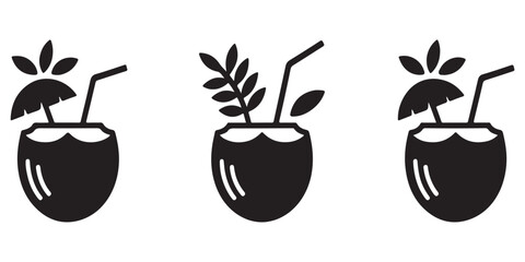 Vector icons of coconut drinks with umbrellas leaves and flowers for summer beach party vacation theme design. © Md