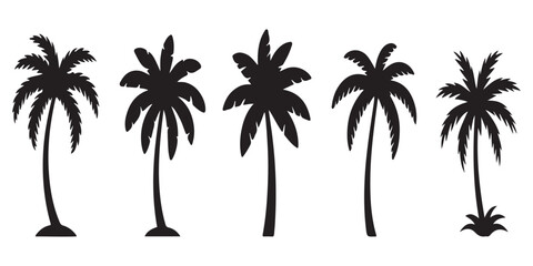 Set of black palm tree silhouettes isolated on white background palm trees icons for tropical beach design themes. © Md