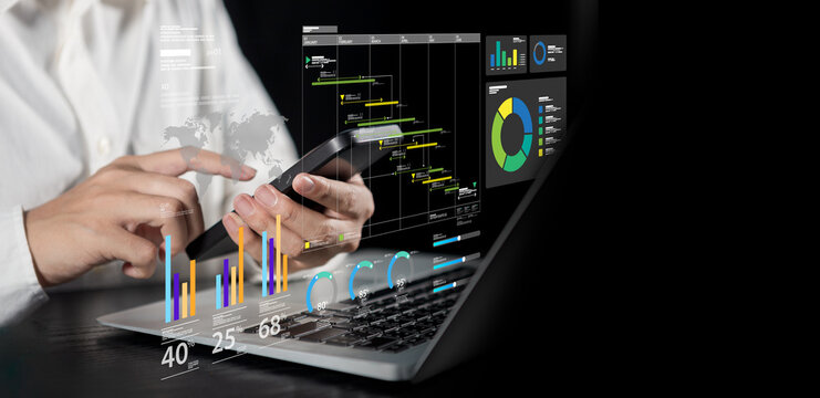 Business marketing strategy dashboard and financial risk management presentation using AI technology to analyze corporate data analytics, investments, and revenue growth