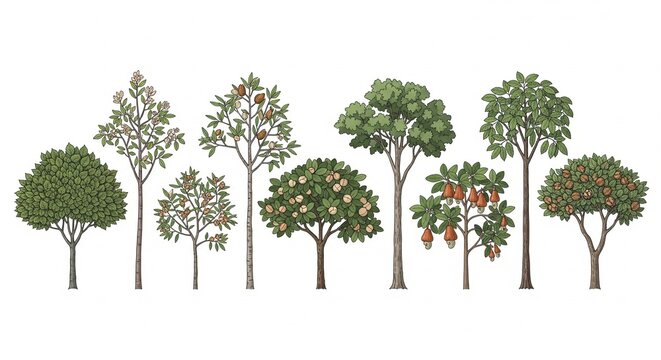 Hand-drawn botanical illustration set of various nut and fruit trees