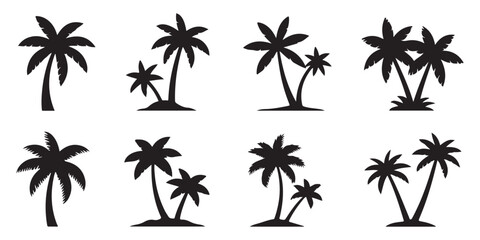 Set of exotic palm tree silhouettes in various styles and groupings for tropical beach and island vacation themes. © Md