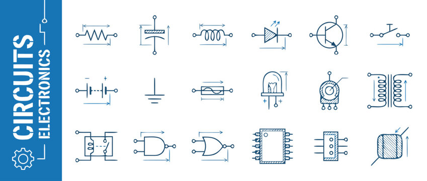 Vector Illustration of Electronic Circuit Symbols and Schematic Components Set Featuring Resistor Capacitor Inductor LED Transistor Switch Battery Ground Fuse Logic Gates and Microchip Icons.