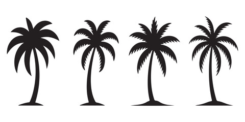 Fototapeta premium Four black palm tree silhouettes isolated on white background tropical beach island vacation summer travel paradise resort.