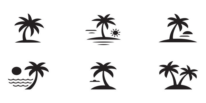 Collection of six distinct palm tree and tropical landscape icons depicting various beach and sunset scenes.