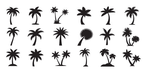 Set of black palm tree silhouettes isolated on white background for summer beach and tropical island themed designs. © Md